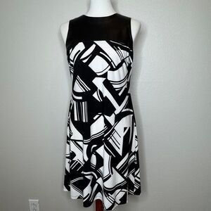 LAUREN RALPH LAUREN Sleeveless Dress 6 Faux Leather & Jersey Knit Black‎ White